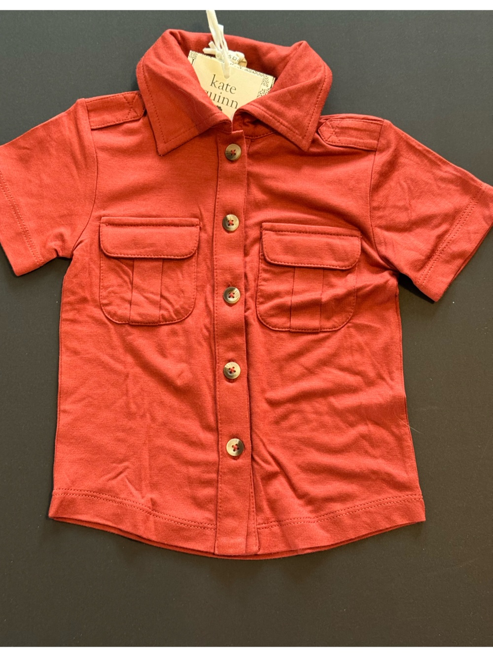 kate quinn Red Short-Sleeve Button Down Shirt with Chest Pockets